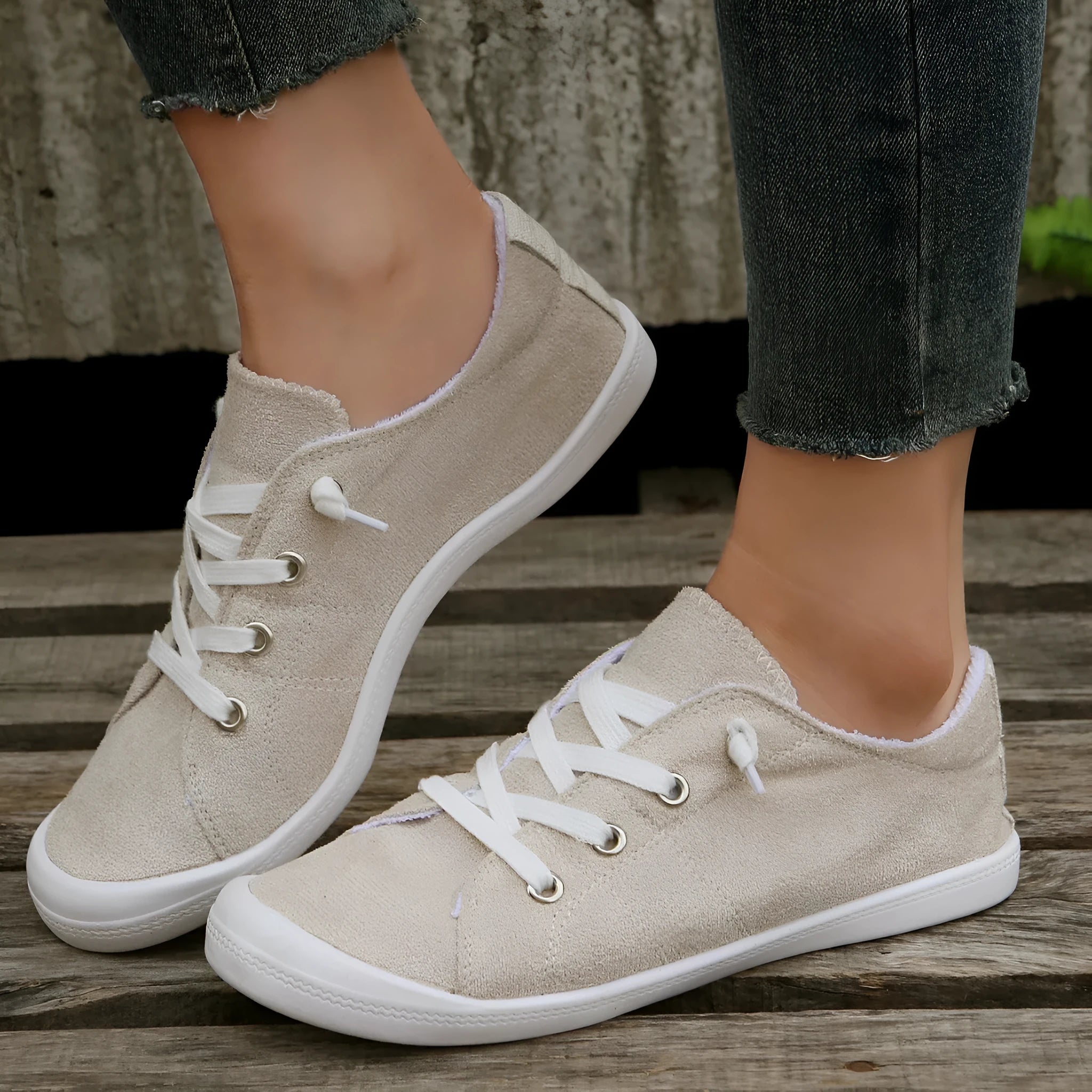 Women's beige fabric casual sneakers with low-top design and rubber sole