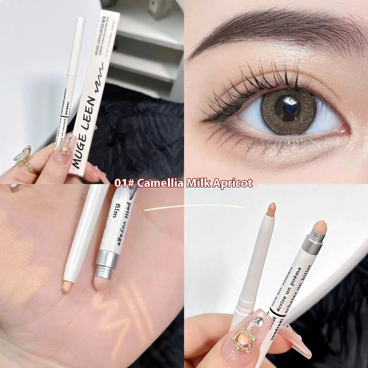Waterproof 2-in-1 brightening eyeliner pen in six colour options for universal skin types.