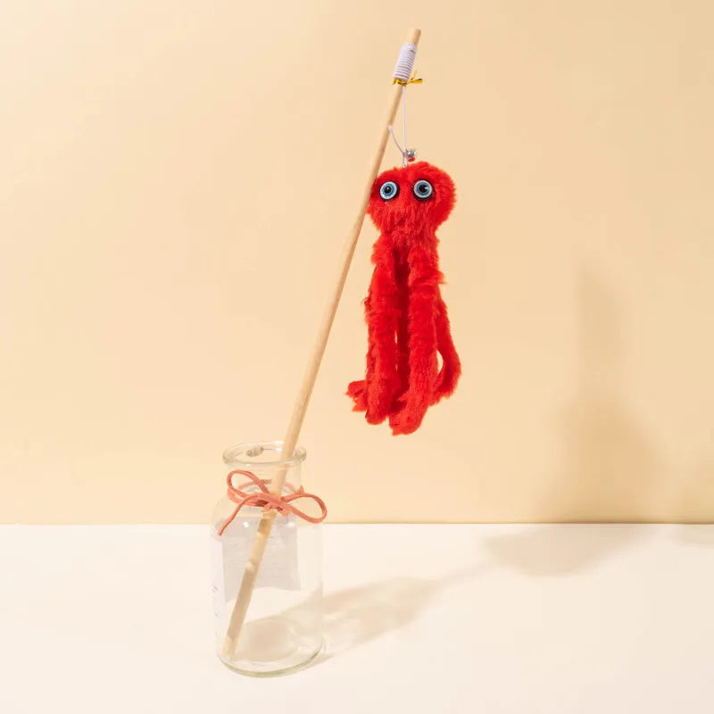 Octopus design cat toy with long stick in bright colours for indoor kitten play
