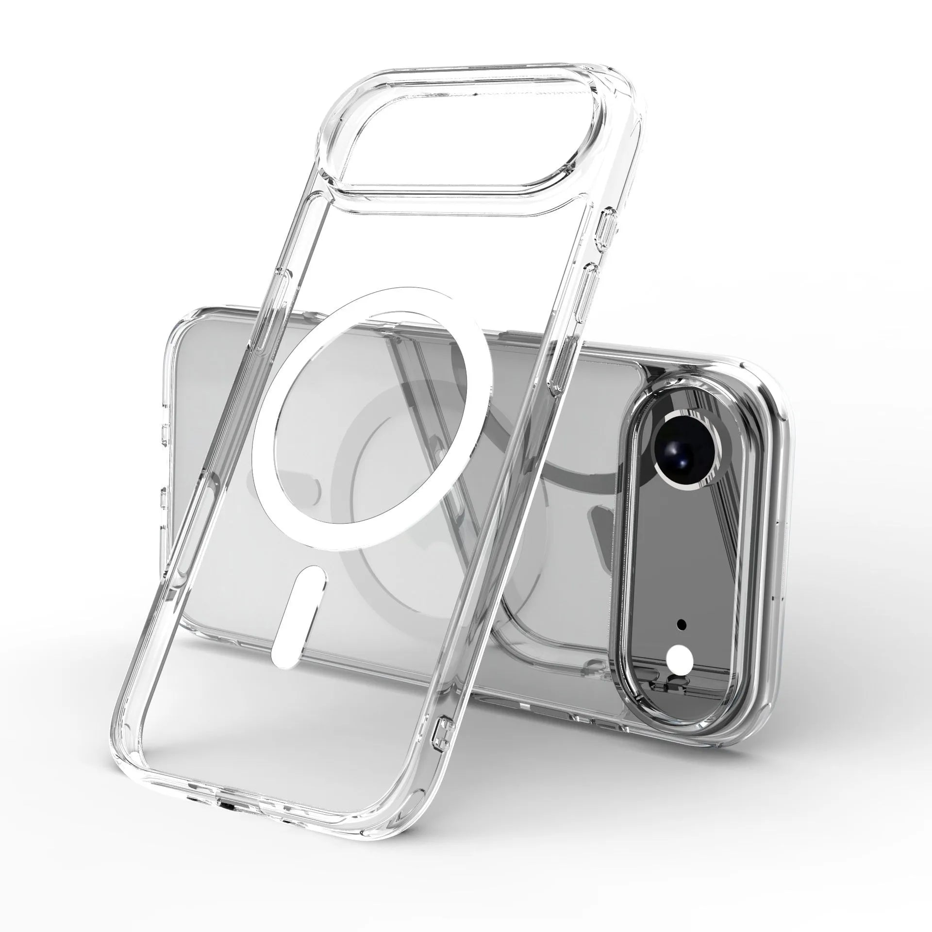 Transparent magnetic iPhone 17 AIR phone case showing shockproof design.