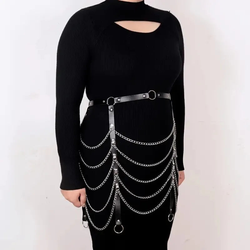 Black PU leather waist chain ornament with bandage binding design and adjustable clasp