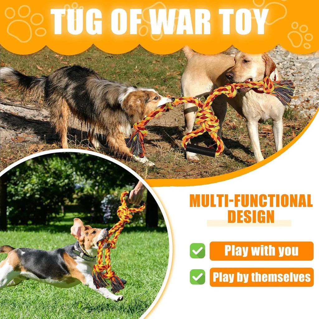 Blue and yellow braided cotton rope dog toy with ergonomic handles for large breeds