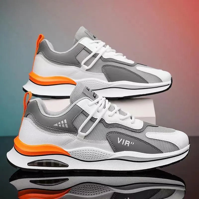 Men's grey and black breathable mesh casual running shoes with a round toe and lightweight EVA sole.