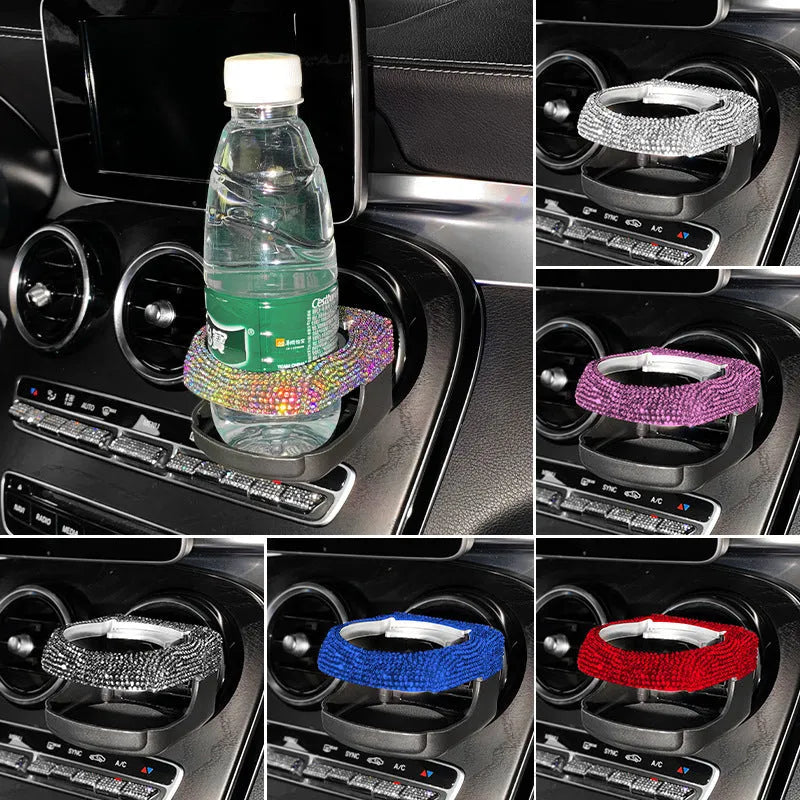 Car interior water cup bracket with ashtray and rhinestone decoration mounted on air vent