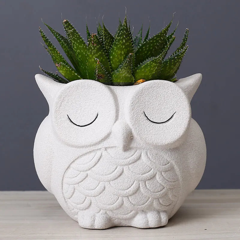 Handmade frosted ceramic flower pot with cartoon owl design for succulents.