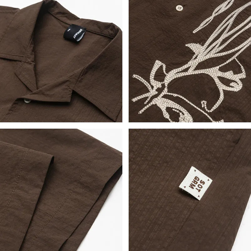 Brown striped Cuban collar short sleeve shirt for outdoor camping.