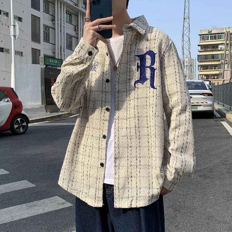 Long sleeve plaid shirt with embroidered letter detail, white or black, sizes S to XXL for men and women