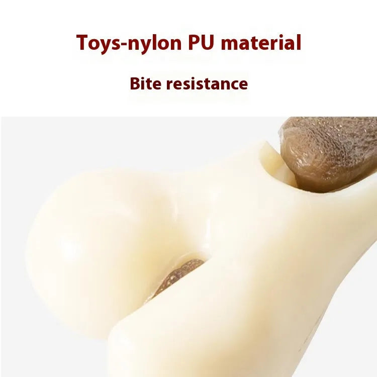Bone-shaped dog chew toy with cowhide exterior and nylon core in two size options