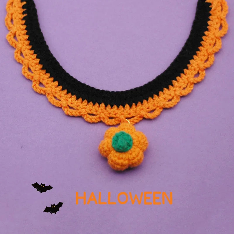 Handmade wool crocheted Halloween pet collar for cats and dogs with adjustable sizing