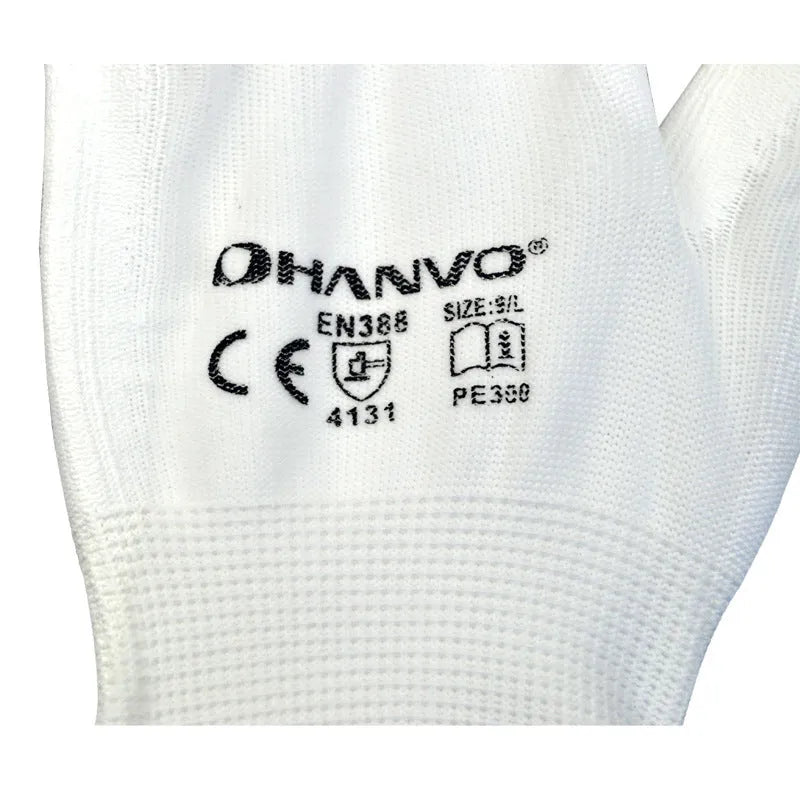 White PU-coated work gloves showing flexible construction and 24 cm length with wrist coverage