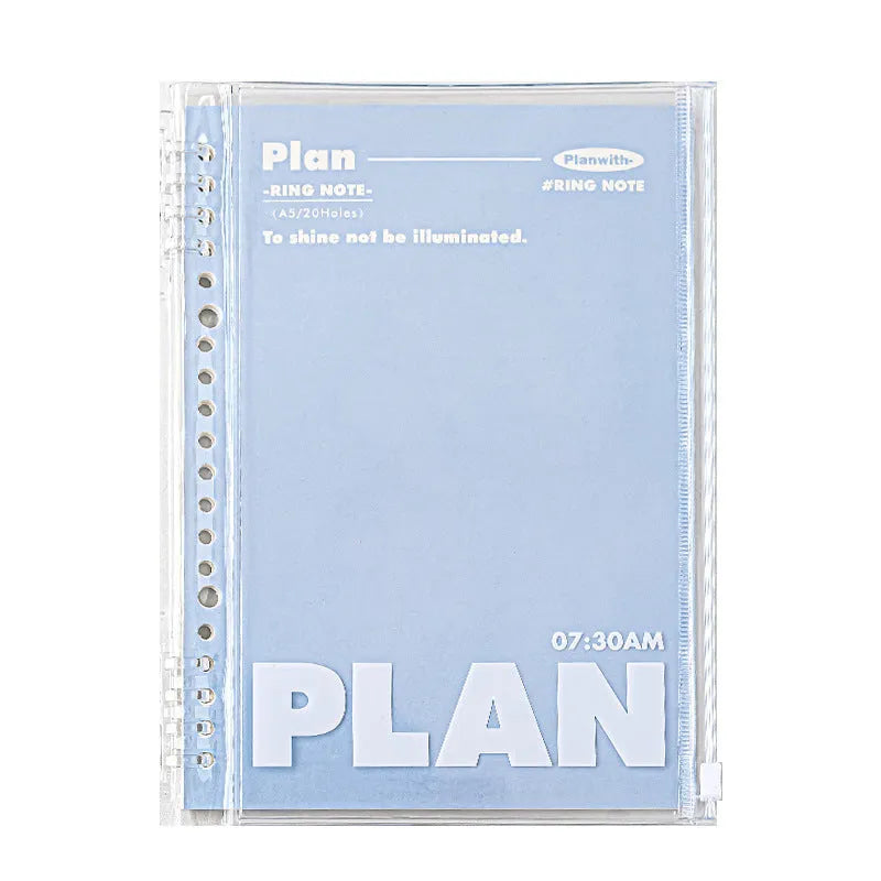 A5 blue PVC spiral-bound notebook with a transparent front pocket for loose-leaf paper.