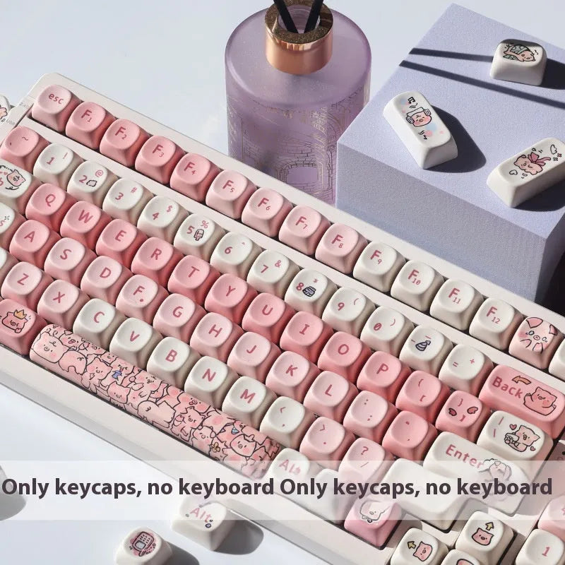 Pink PBT key cap set with a colourful fragrant pig character design on a keyboard.