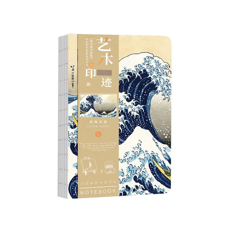 Ukiyo-e series hand ledger notebook showing The Great Wave Off Kanagawa artwork cover, open to show 100g Daolin paper pages