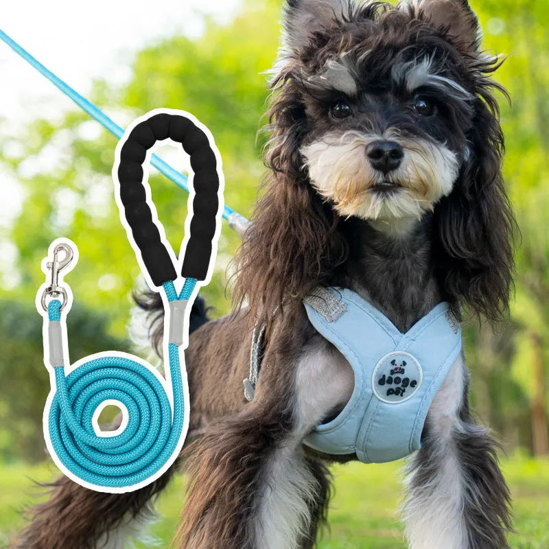 Polyester dog vest and rope leash set in blue, green, pink, or yellow colours