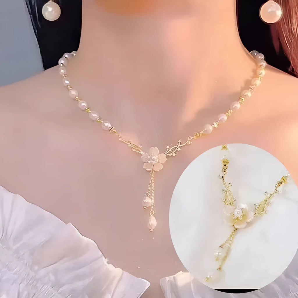 Women's pearl flower alloy necklace with floral and rose designs, 50 cm chain.