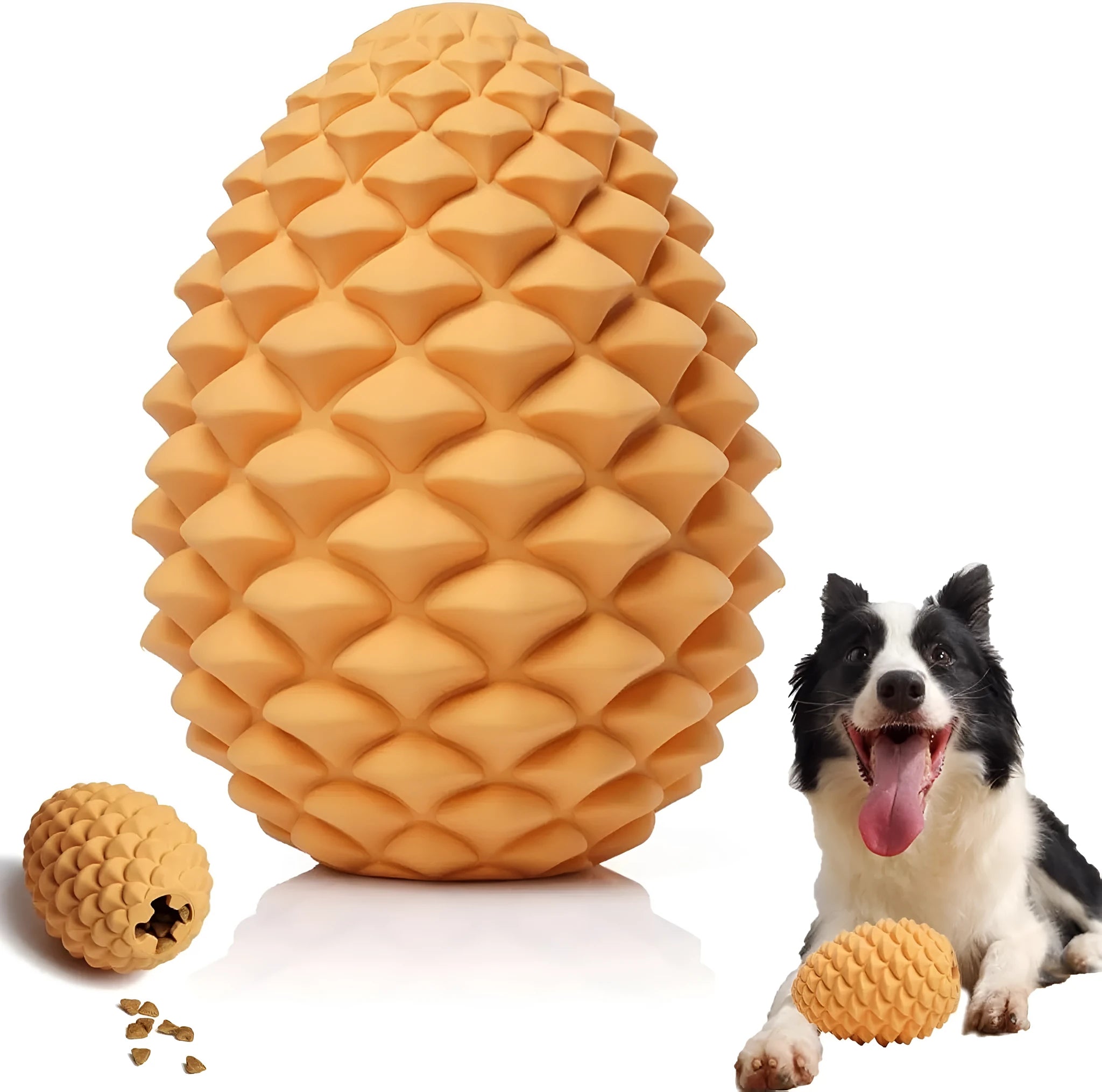 Yellow pine cone shaped dog chew toy with treat dispenser hole and textured surface