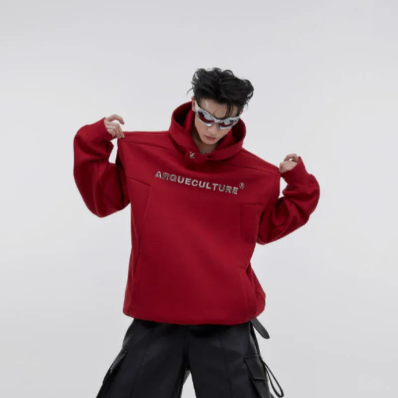 Men's black hooded sweater with metal three-dimensional printing and structural shoulder pads