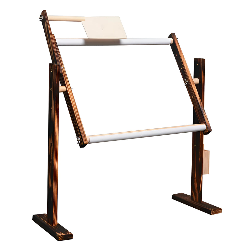 Vertical pine wood embroidery frame with height adjustment on desktop