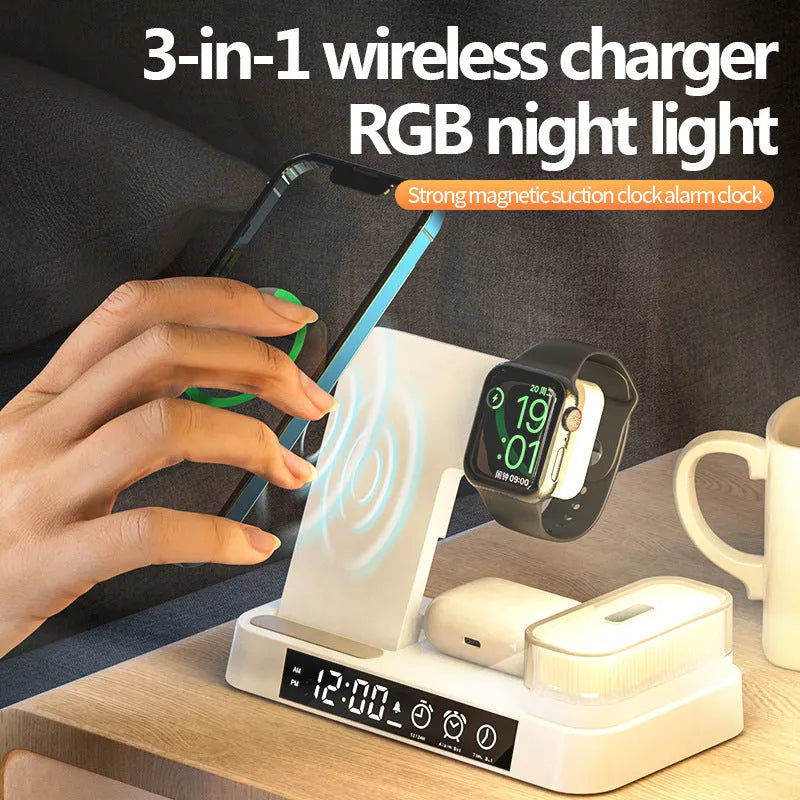 White 4-in-1 wireless charging station with foldable phone stand, LED clock display, and Apple Watch cable.
