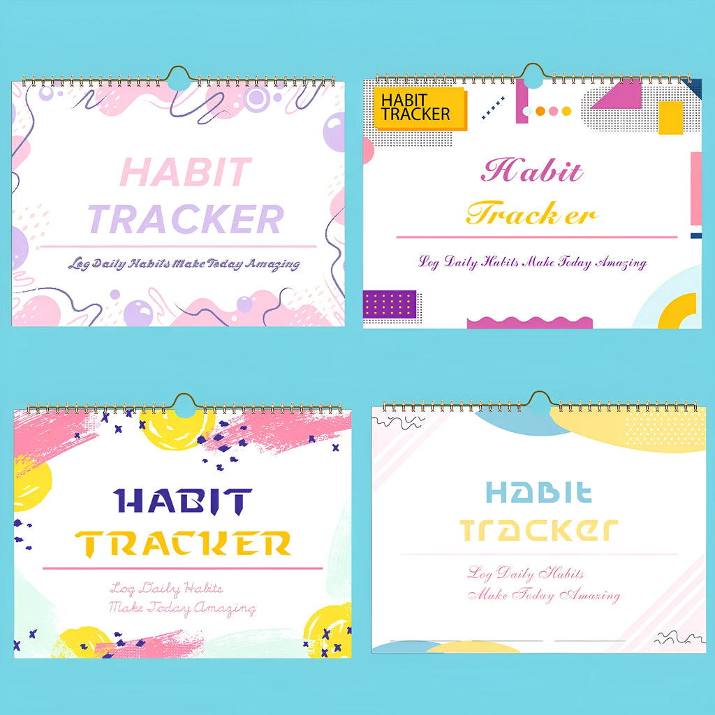 English habit tracking notebook with 12 pages in 21x28cm format showing four colour options