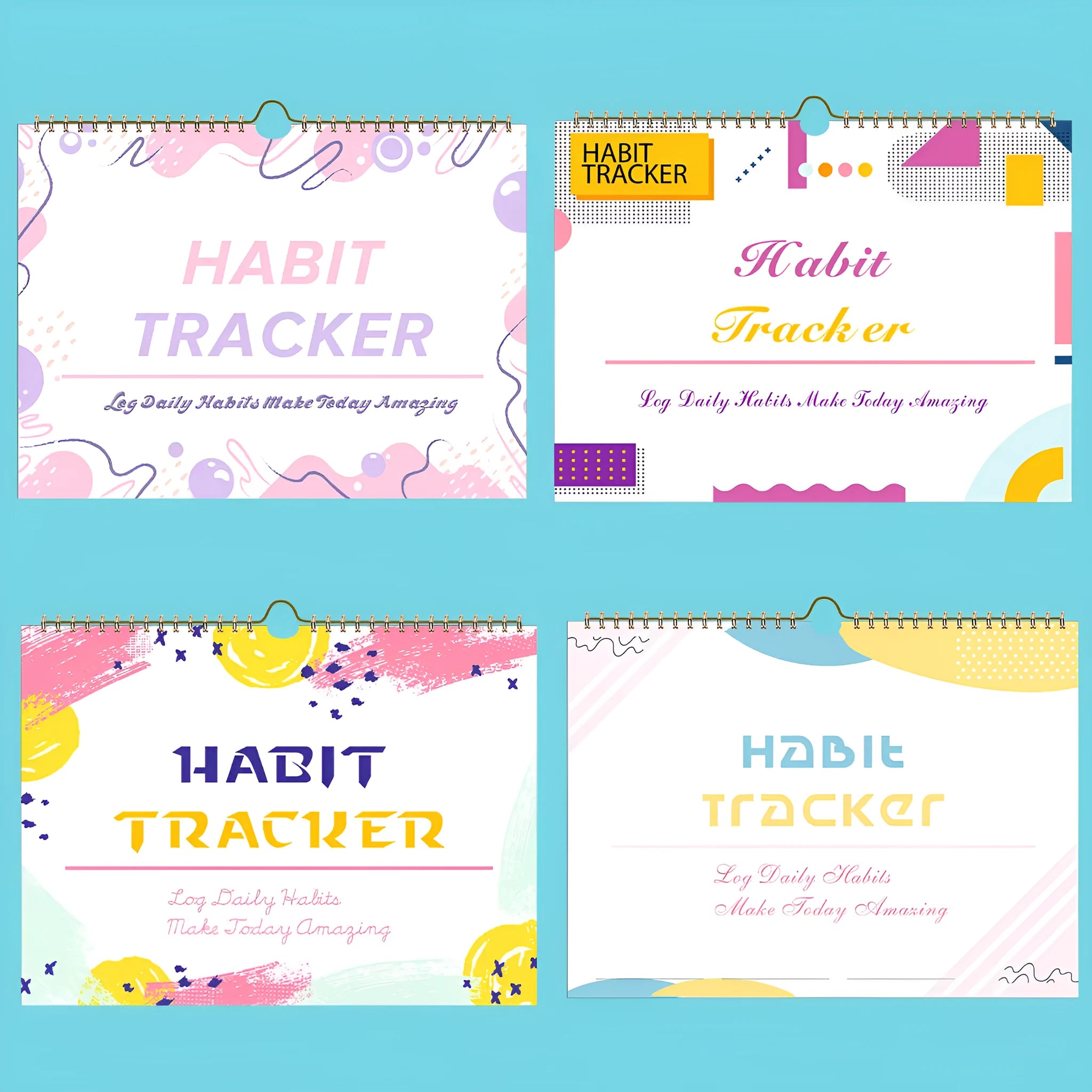 English habit tracking notebook with 12 pages in 21x28cm format showing four colour options