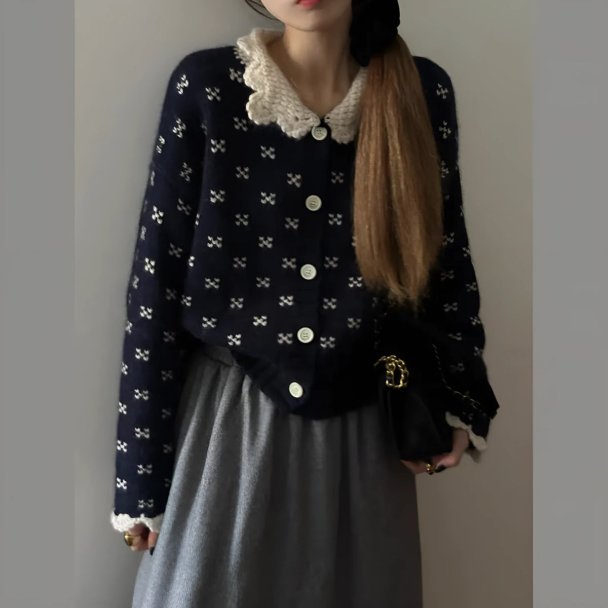 Retro Peter Pan collar floral knit cardigan coat in grey, apricot, or navy blue.