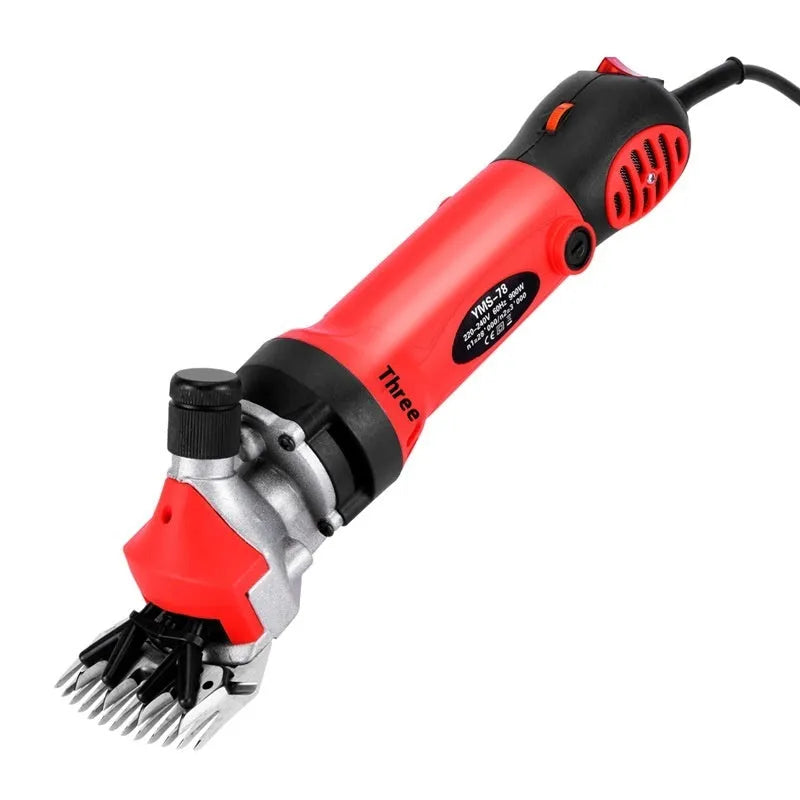 Yellow electric wool shears with 110V plug, multiple blade sets, and maintenance tools in plastic storage box