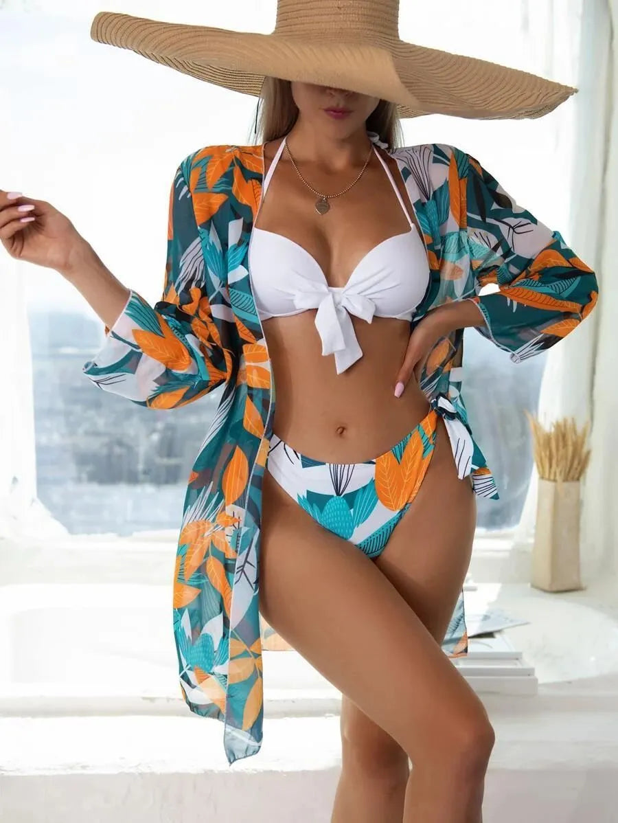 Women's three-piece mesh split bikini swimsuit set with coordinating coat in various colour options