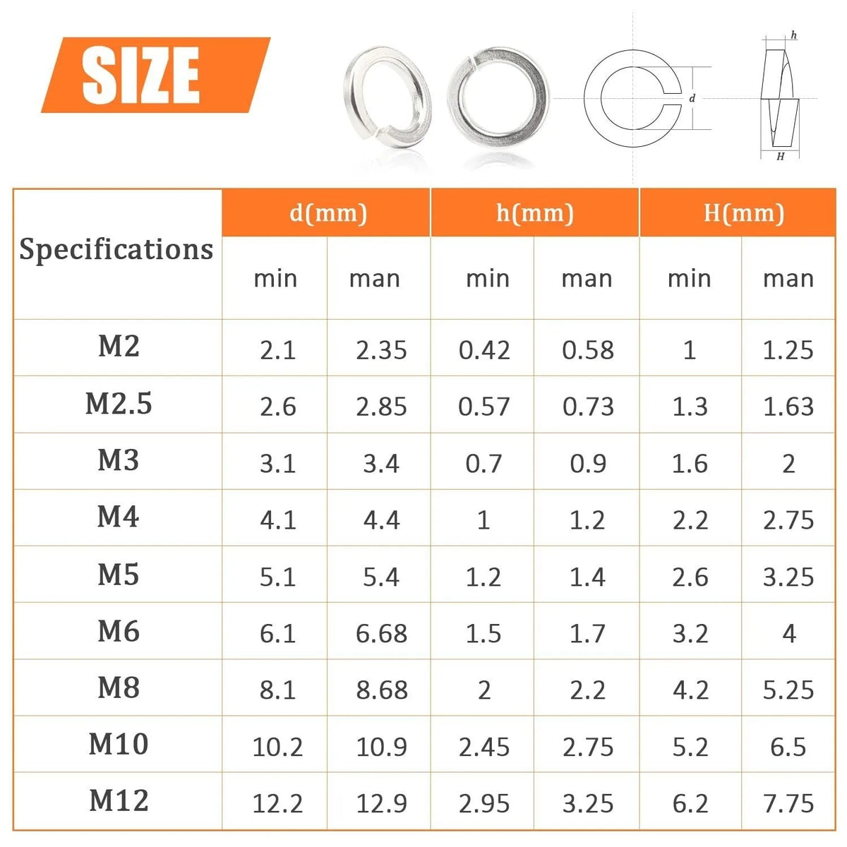 304 stainless steel spring lock washer combination box containing 900 assorted pieces for M2 to M12 fastener diameters