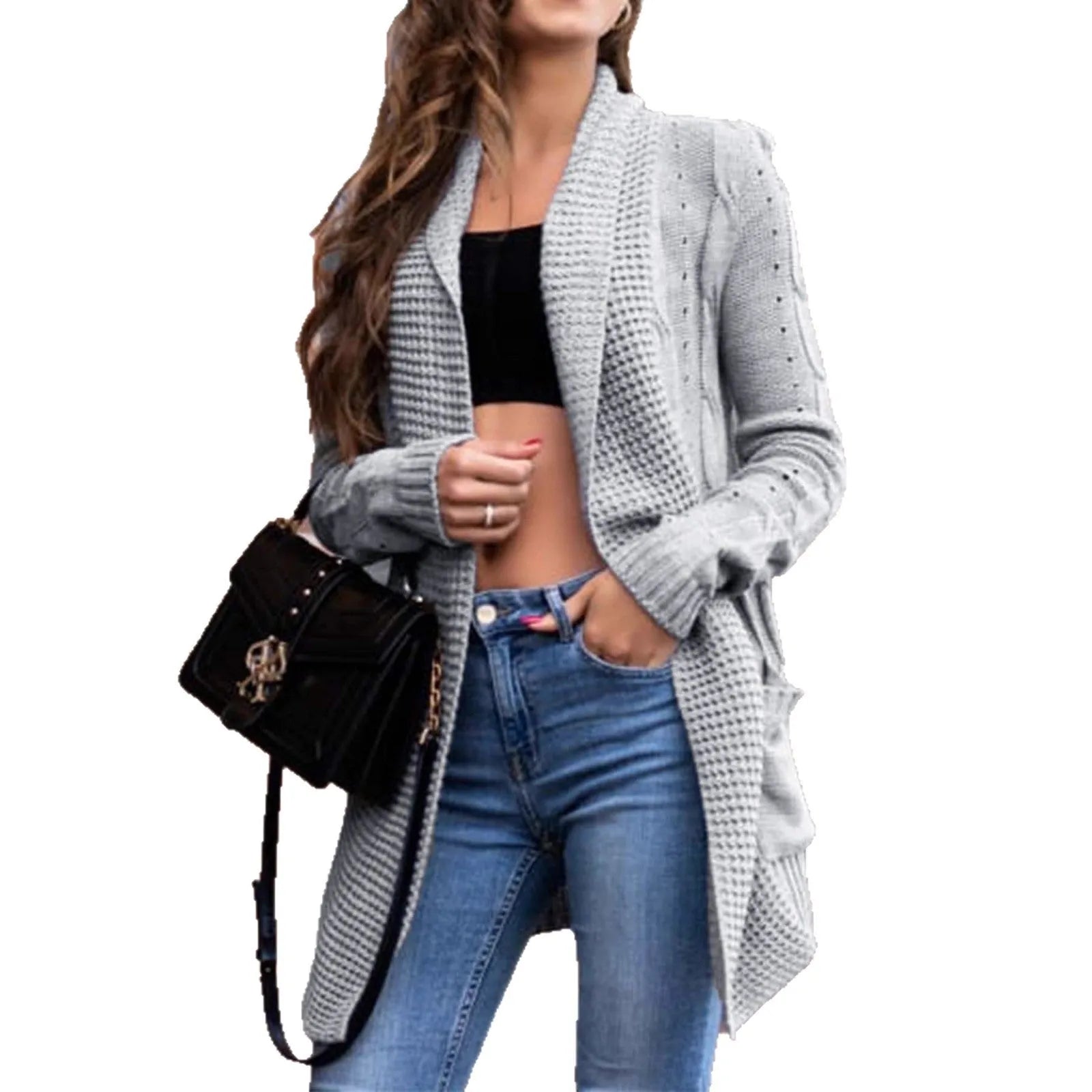 Grey women's loose cardigan coat with pockets, 65cm length, thick viscose fibre construction