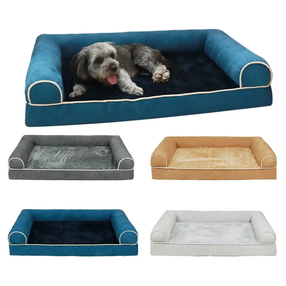 Square can design sponge dog bed in blue colour showing breathable mattress construction