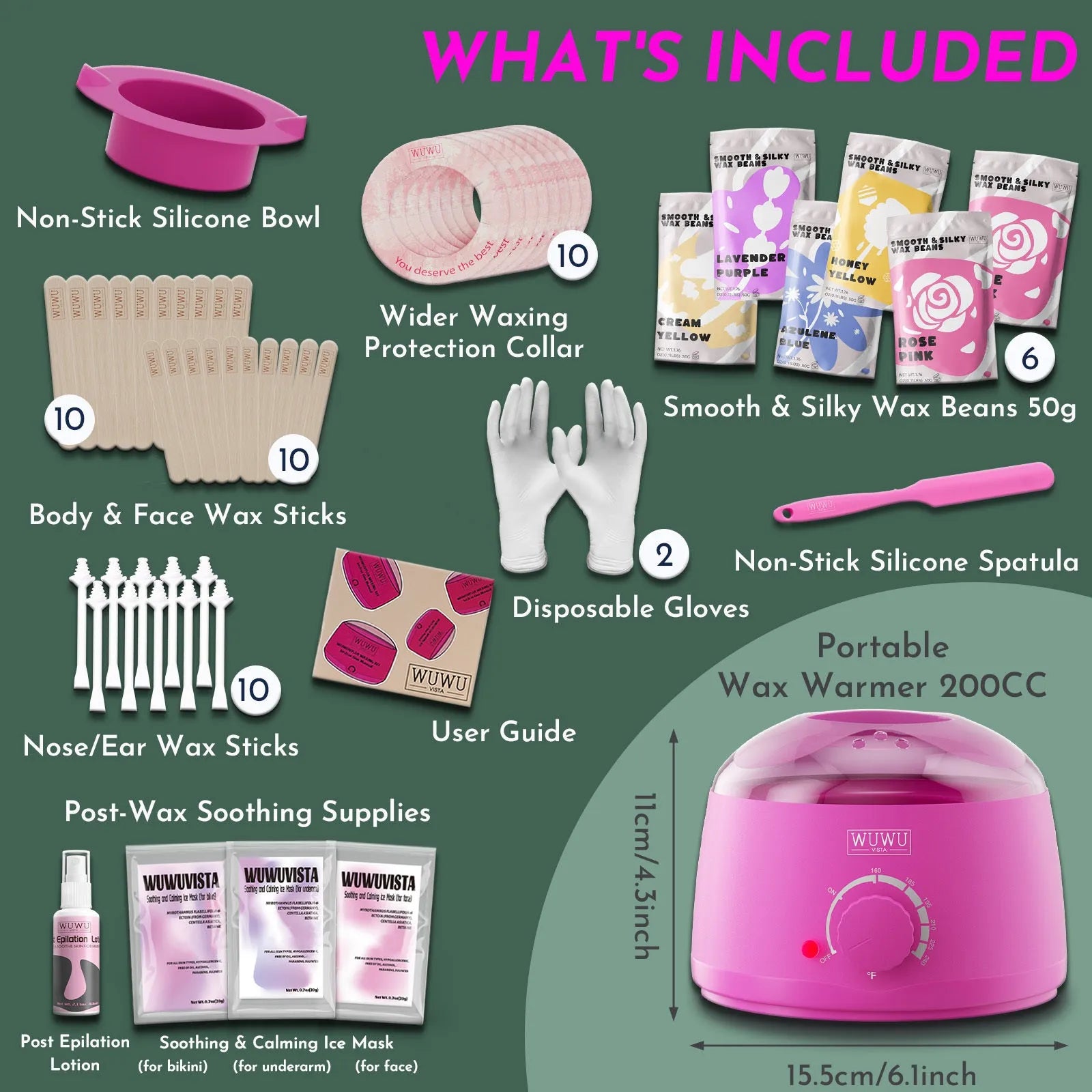WUWUVISTA professional waxing kit with black smart wax warmer, coloured wax beads, applicators, and aftercare products.
