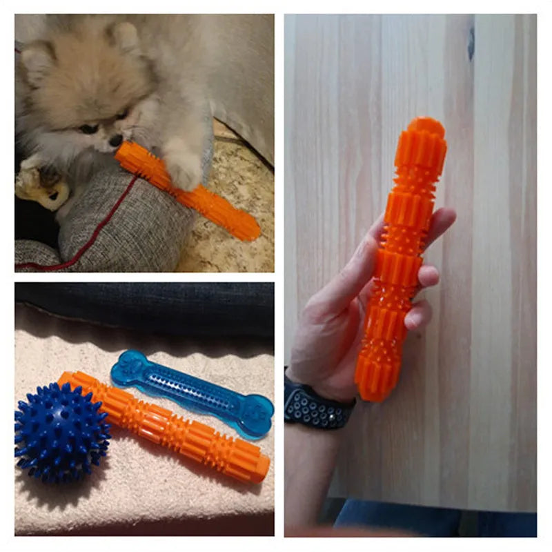 Green and orange bone-shaped rubber dog chew toy for aggressive chewers with treat hole and textured surface.