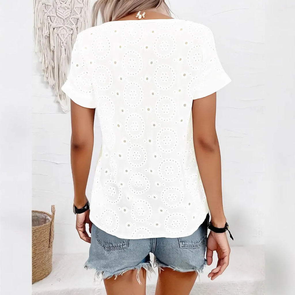 White women's t-shirt with hollow out design, V-neck collar, and loose Japanese Korean casual fit