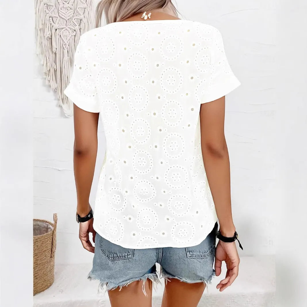White women's t-shirt with hollow out design, V-neck collar, and loose Japanese Korean casual fit