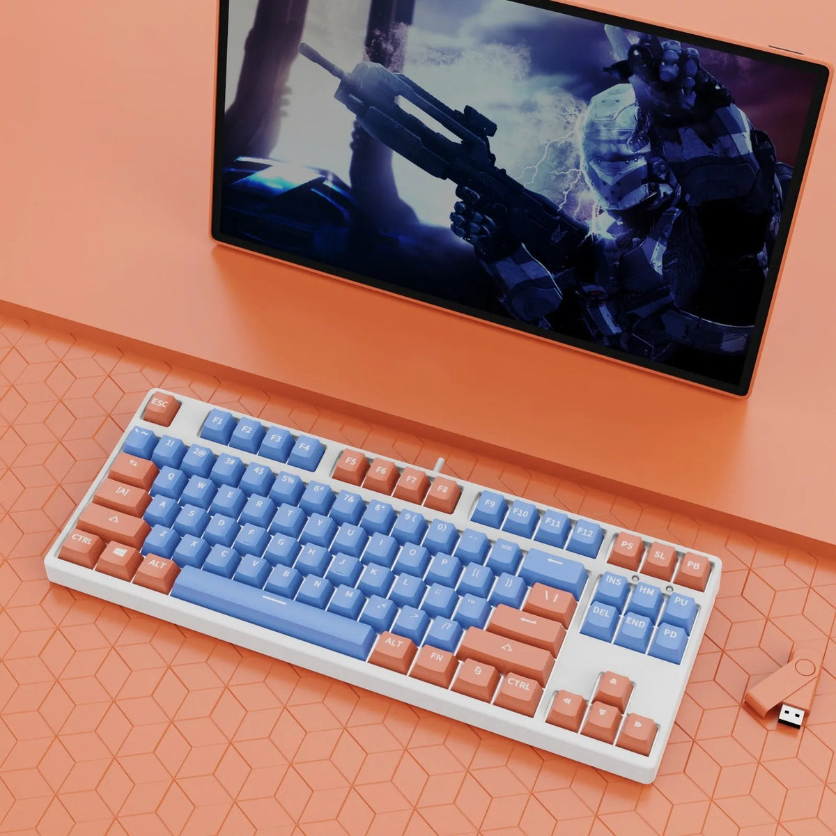 87-key wired mechanical keyboard with hot-swappable switches showing two-tone colour options