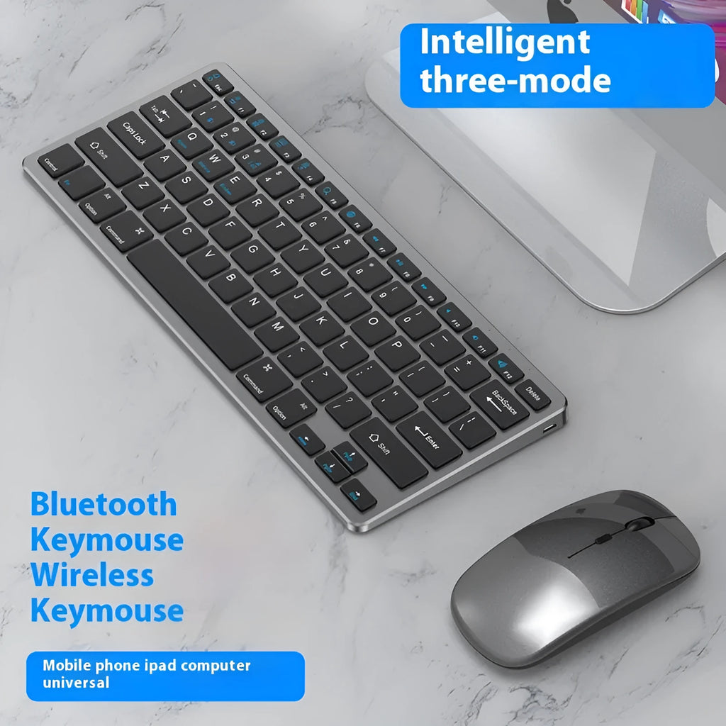Ultra-thin wireless keyboard and mouse suit in black, gun colour, or silver with rechargeable batteries