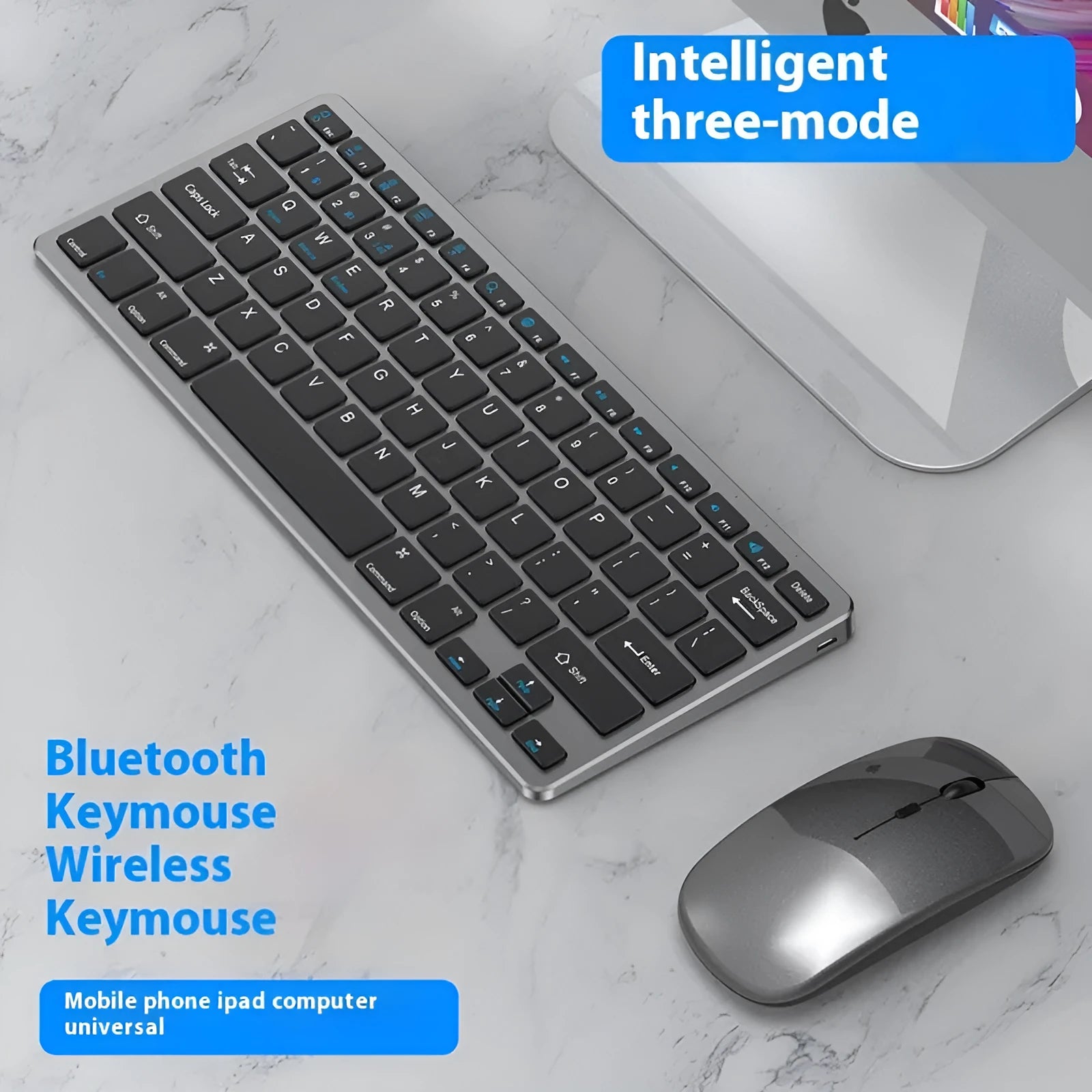 Ultra-thin wireless keyboard and mouse suit in black, gun colour, or silver with rechargeable batteries