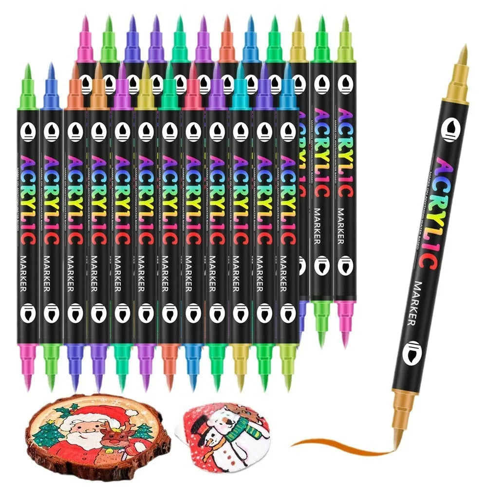 Set of double-headed acrylic marker pens with vibrant, opaque, washable ink in a carrying case.