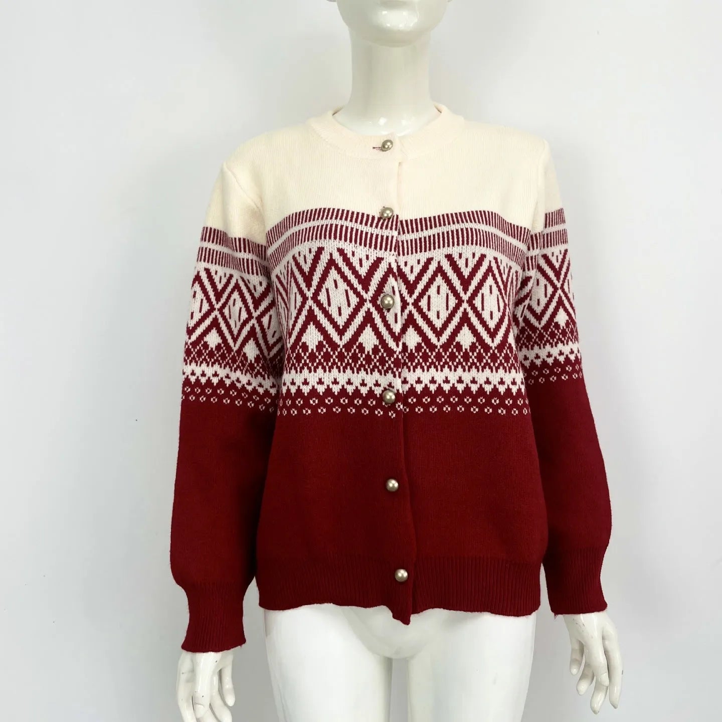 Women's red alpaca wool cardigan with diamond pattern and long sleeves