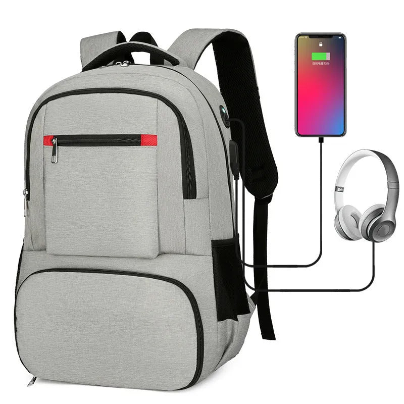 Light grey Oxford cloth insulated backpack with curved shoulder straps, shown with compartments open.