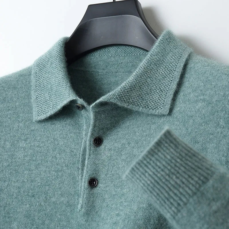 Men's woolen polo collar sweater pullover in black with long sleeves and stitched craft detail