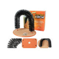 Arched plastic cat grooming toy with built-in brush bristles for scratching and self-grooming
