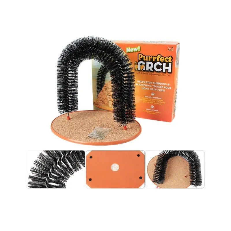 Arched plastic cat grooming toy with built-in brush bristles for scratching and self-grooming
