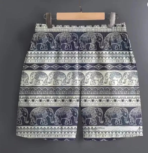 Men's casual polyester shorts in striped, plaid, and camouflage patterns for outdoor sports.