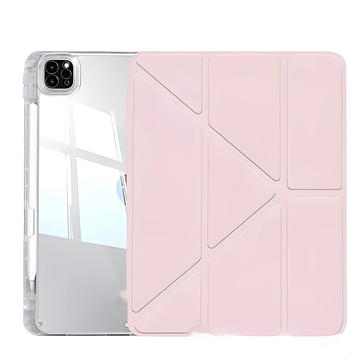 Transparent acrylic iPad protective cover showing integrated bracket and magnetic closure for multiple tablet models