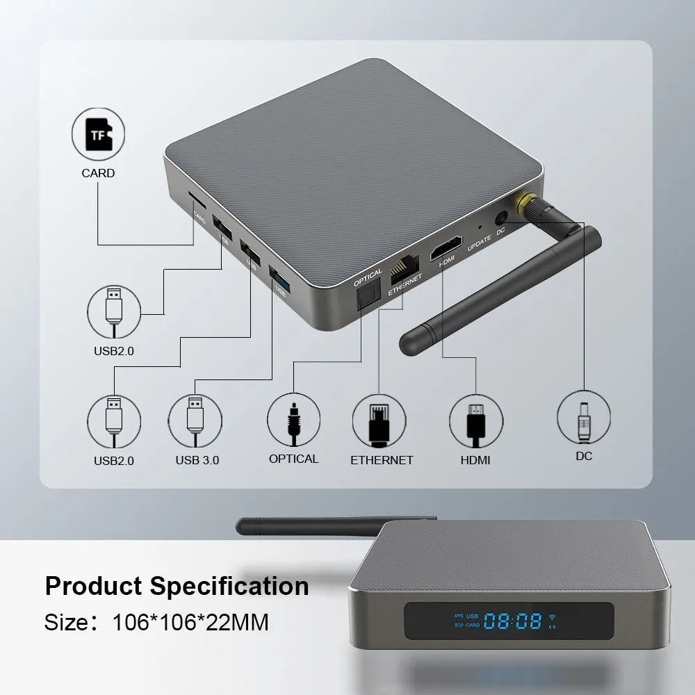 Bluetooth 8K Android TV set-top box with square 105mm design and remote control