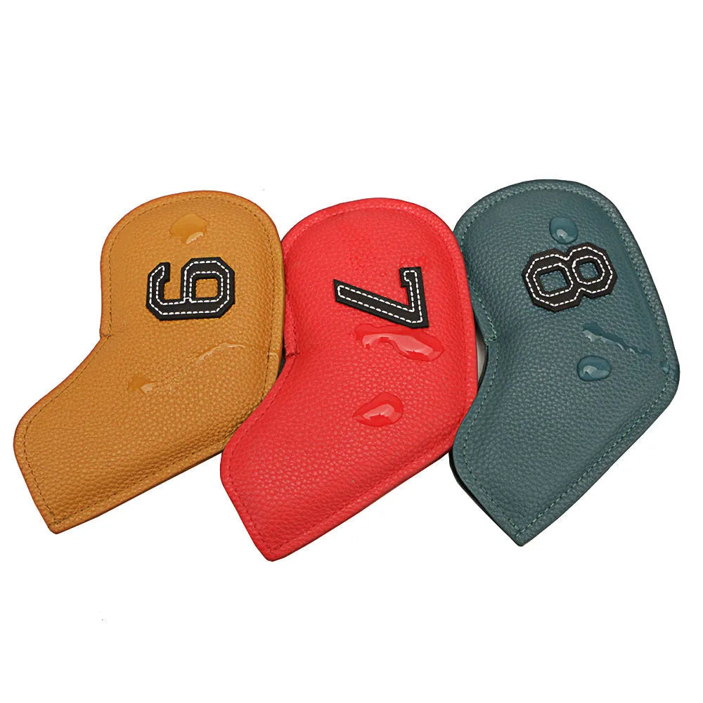 Set of 10 colourful digital printed PU golf club headcovers including ball head cover