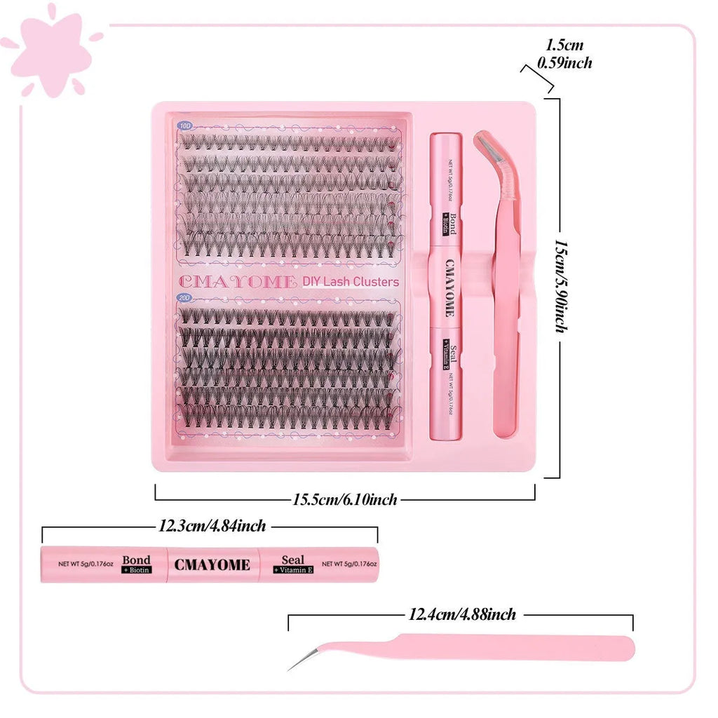 Set of DIY single cluster individual false eyelashes in natural thick mixed split type on a clear tray.