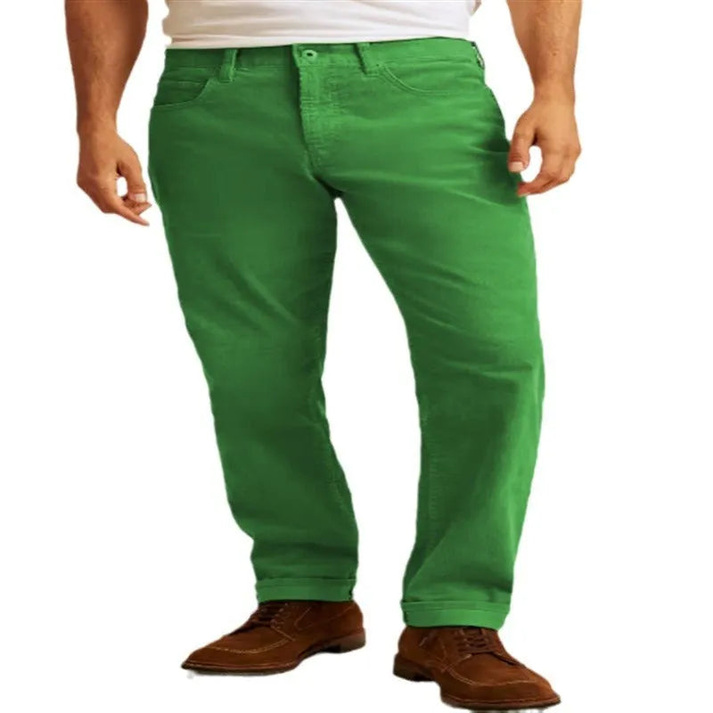 Corduroy straight-leg casual trousers in green colour with mid waist design and zip fly